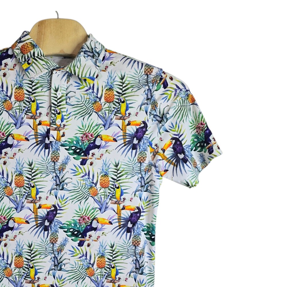 Royal Awesome Mens Medium Golf Polo Shirt Tropical Toucan Parrot Pineapple White